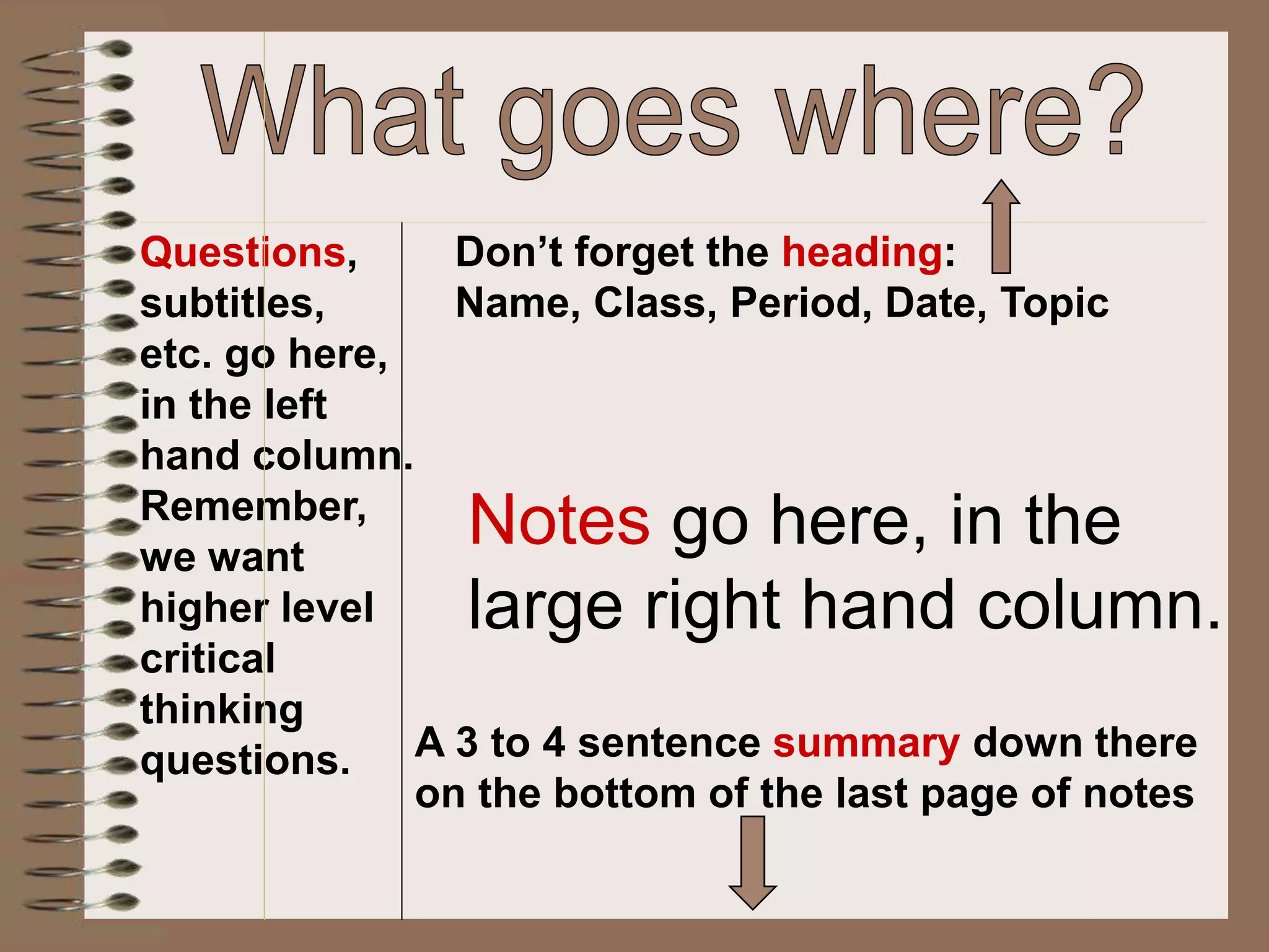 Notes go here, in the
large right hand column.
Questions,
subtitles,
etc. go here,
in the left
hand column.
Remember,
we want
higher level
critical
thinking
questions. A 3 to 4 sentence summary down there
on the bottom of the last page of notes
Don’t forget the heading:
Name, Class, Period, Date, Topic
 
