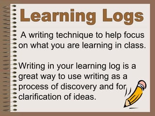 Learning Logs A writing technique to help focus  on what you are learning in class. Writing in your learning log is a  great way to use writing as a  process of discovery and for  clarification of ideas.   