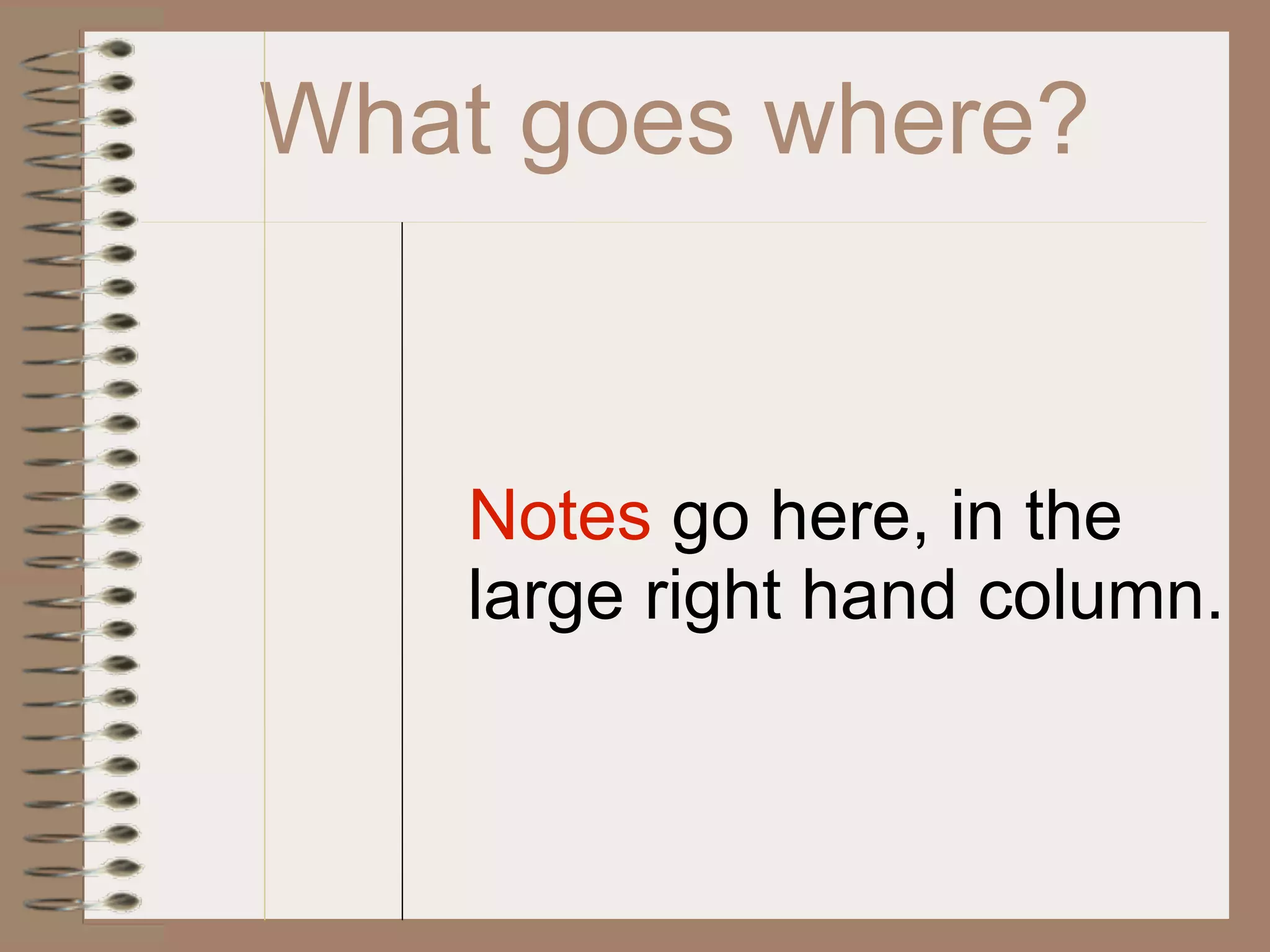 What goes where?


    Notes go here, in the
    large right hand column.
 