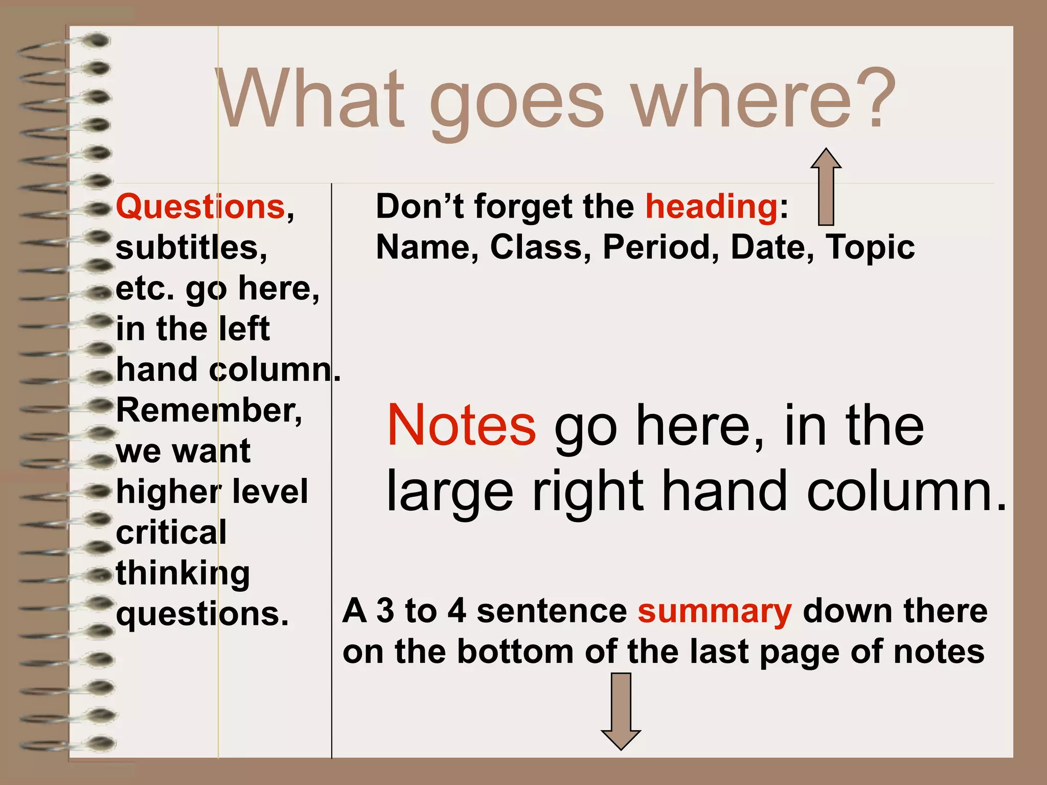 What goes where?
Questions,      Don’t forget the heading:
subtitles,      Name, Class, Period, Date, Topic
etc. go here,
in the left
hand column.
Remember,
we want
                Notes go here, in the
higher level    large right hand column.
critical
thinking
questions. A 3 to 4 sentence summary down there
              on the bottom of the last page of notes
 