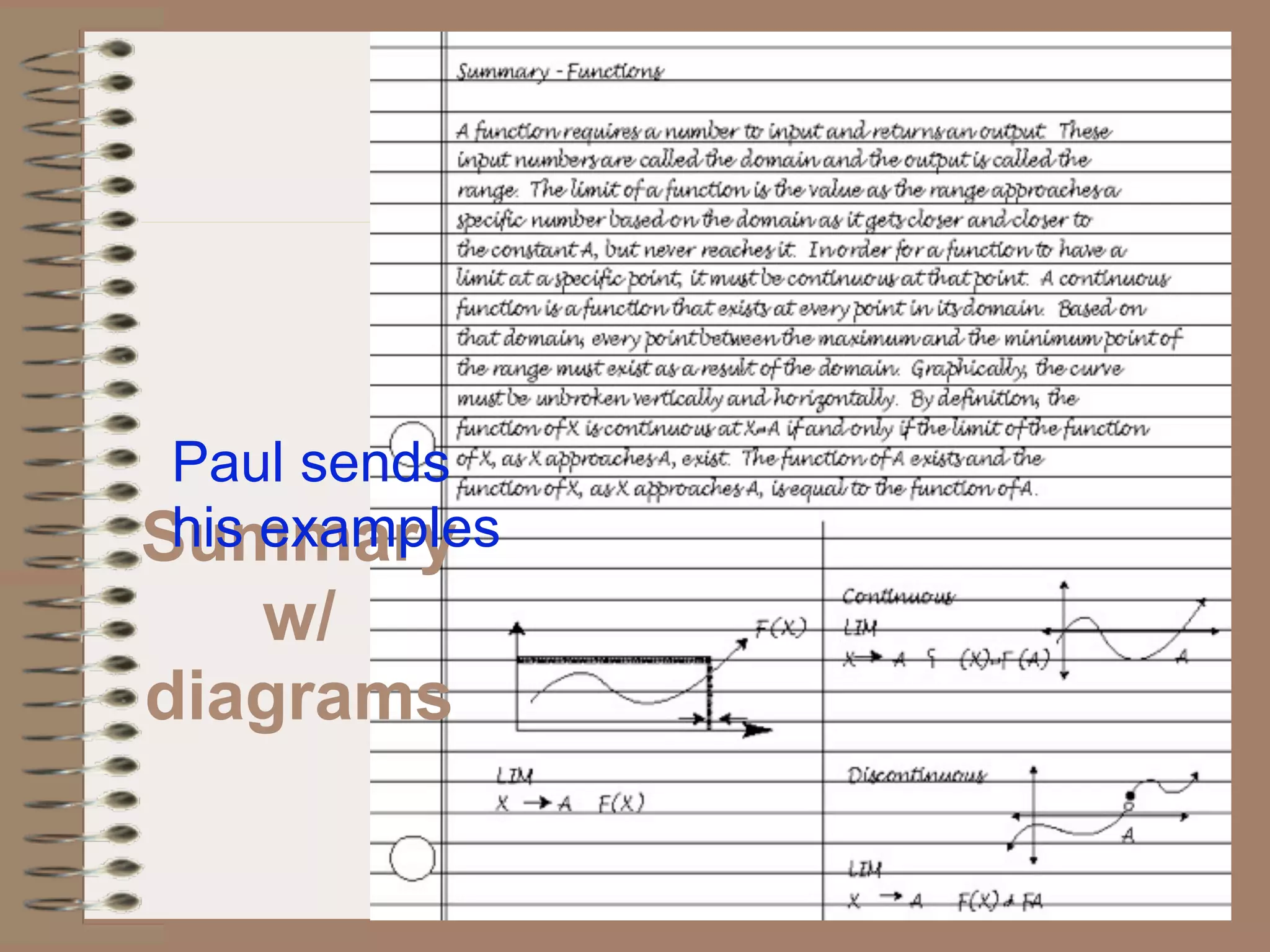 Paul sends
 his examples
Summary
   w/
diagrams
 