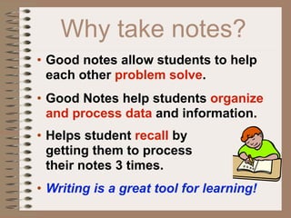 Why take notes?
• Good notes allow students to help
  each other problem solve.
• Good Notes help students organize
  and process data and information.
• Helps student recall by
  getting them to process
  their notes 3 times.
• Writing is a great tool for learning!
 