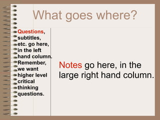 What goes where?
Questions,
subtitles,
etc. go here,
in the left
hand column.
Remember,
we want
                Notes go here, in the
higher level    large right hand column.
critical
thinking
questions.
 