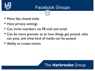 Facebook Groups
                             24

 More like closed clubs
 Have privacy settings
 Can invite members via...