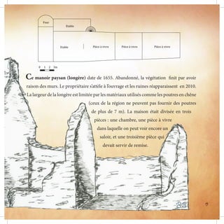 Ce manoir paysan (longère) date de 1655. Abandonné, la végétation finit par avoir
raison des murs. Le propriétaire s’attèle à l’ouvrage et les ruines réapparaissent en 2010.
La largeur de la longère est limitée par les matériaux utilisés comme les poutres en chêne
(ceux de la région ne peuvent pas fournir des poutres
de plus de 7 m). La maison était divisée en trois
pièces : une chambre, une pièce à vivre
dans laquelle on peut voir encore un
saloir, et une troisième pièce qui
devait servir de remise.
BB 15
 