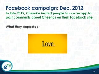 Facebook campaign: Dec. 2012
In late 2012, Cheerios invited people to use an app to
post comments about Cheerios on their Facebook site.
What they expected:

24

 