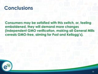Conclusions
Consumers may be satisfied with this switch, or, feeling
emboldened, they will demand more changes
(independent GMO verification, making all General Mills
cereals GMO-free, aiming for Post and Kellogg’s).

35

 