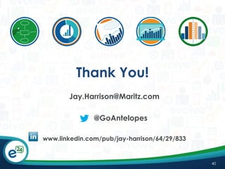 Thank You!
Jay.Harrison@Maritz.com
@GoAntelopes
www.linkedin.com/pub/jay-harrison/64/29/833

40

 