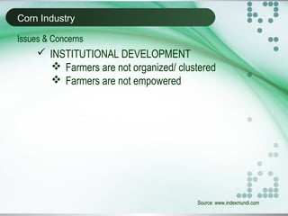 Corn Industry
Source: www.indexmundi.com
Issues & Concerns
 INSTITUTIONAL DEVELOPMENT
 Farmers are not organized/ clustered
 Farmers are not empowered
 