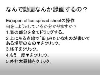 なんで動画なんか録画するの？
Ex)open office spread sheetの操作
何をしようとしているか分かりますか？
1.表の部分を全てドラッグする。
2.上にある点線で「田」みたいなものが書いて
ある場所の右の▼をクリック。
3.格子をクリック。
4.もう一度▼をクリック。
5.外枠太罫線をクリック。
 