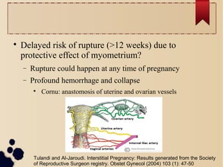 
Delayed risk of rupture (>12 weeks) due to
protective effect of myometrium?
− Rupture could happen at any time of pregnancy
− Profound hemorrhage and collapse

Cornu: anastomosis of uterine and ovarian vessels
Tulandi and Al-Jaroudi. Interstitial Pregnancy: Results generated from the Society
of Reproductive Surgeon registry. Obstet Gynecol (2004) 103 (1): 47-50
 