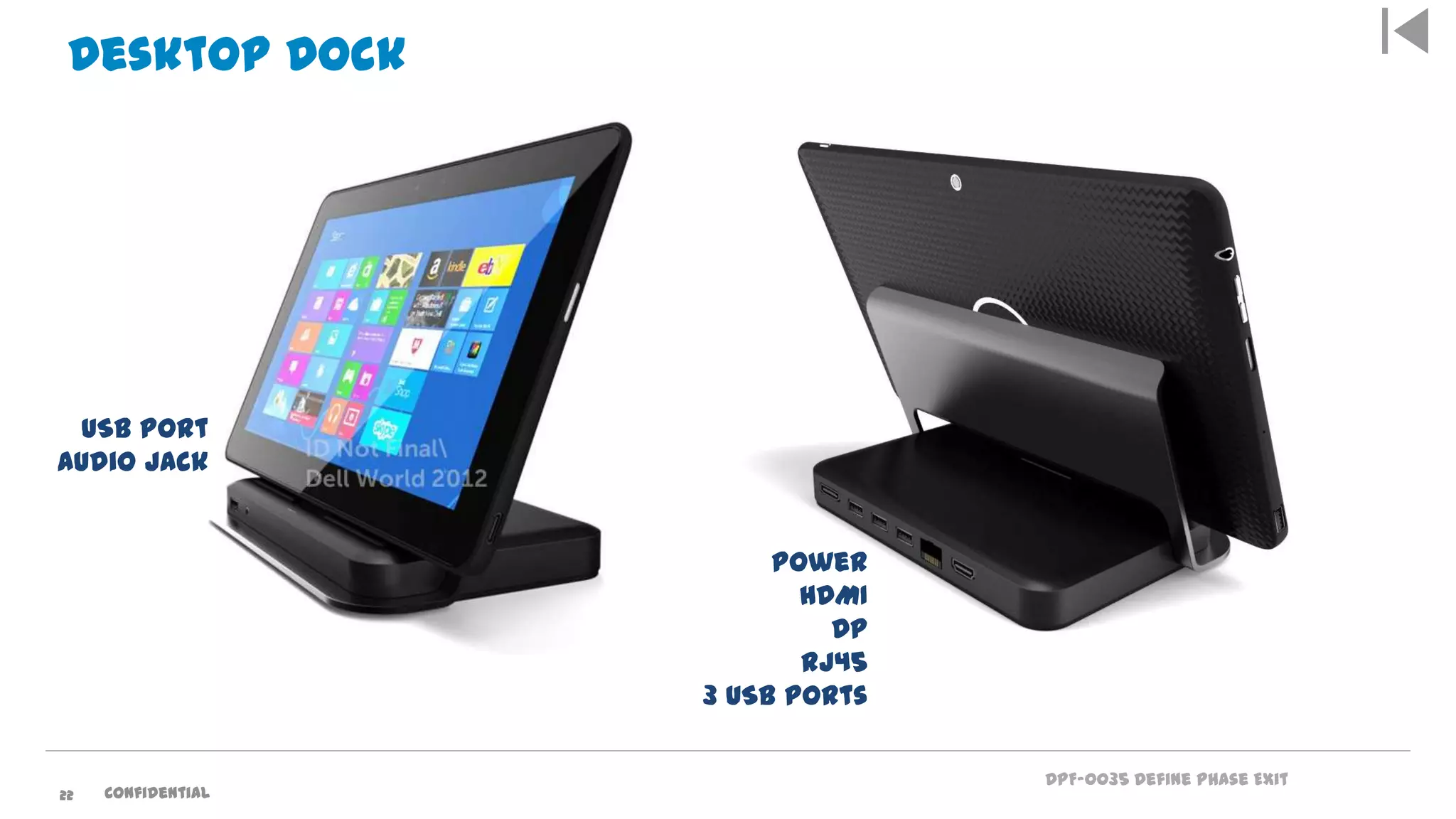 DPF-0035 Define Phase Exit
Desktop Dock
Power
HDMI
DP
RJ45
3 USB Ports
USB Port
Audio Jack
22 Confidential
 