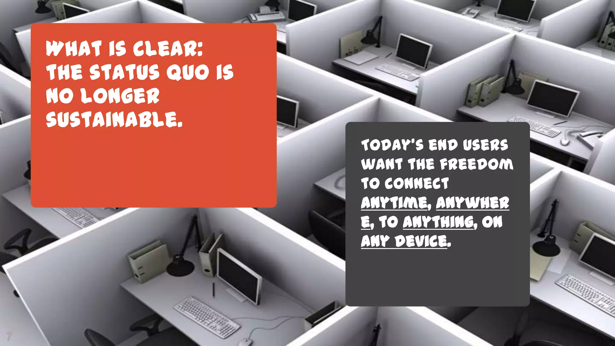 DPF-0035 Define Phase Exit
What is clear:
the status quo is
no longer
sustainable.
7
Today’s end users
want the freedom
to connect
anytime, anywher
e, to anything, on
any device.
 