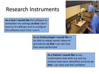 Research	
  Instruments	
  
As	
  a	
  User	
  I	
  would	
  like	
  the	
  so/ware	
  to	
  
remember	
  my	
  setngs	
  so	
  that	
  I	
  don’t	
  
have	
  to	
  re-­‐calibrate	
  and	
  re-­‐conﬁgure	
  
the	
  so/ware	
  each	
  Lme	
  I	
  use	
  it.	
  

                                          As	
  an	
  Embryologist	
  I	
  would	
  like	
  to	
  
                                          be	
  able	
  to	
  replay	
  stored	
  videos	
  of	
  
                                          procedures	
  so	
  that	
  I	
  can	
  see	
  how	
  
                                          they	
  were	
  performed	
  

                                                                As	
  a	
  Pa&ent	
  I	
  would	
  like	
  to	
  see	
  
                                                                conﬁrmaLon	
  that	
  both	
  me	
  and	
  my	
  
                                                                embryo	
  have	
  been	
  idenLﬁed	
  correctly	
  so	
  
                                                                that	
  I	
  can	
  relax	
  and	
  feel	
  conﬁdent	
  
 