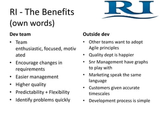 RI	
  -­‐	
  The	
  Beneﬁts	
  	
  
(own	
  words)	
  
Dev	
  team	
                               Outside	
  dev	
  
•  Team	
  enthusiasLc,	
  focused,	
       •  Other	
  teams	
  want	
  to	
  adopt	
  
   moLvated	
                                  Agile	
  principles	
  
•  Encourage	
  changes	
  in	
             •  Quality	
  dept	
  is	
  happier	
  
   requirements	
                           •  Snr	
  Management	
  have	
  graphs	
  
                                               to	
  play	
  with	
  
•  Easier	
  management	
  
                                            •  MarkeLng	
  speak	
  the	
  same	
  
•  Higher	
  quality	
                         language	
  
•  Predictability	
  +	
  Flexibility	
     •  Customers	
  given	
  accurate	
  
•  IdenLfy	
  problems	
  quickly	
            Lmescales	
  
                                            •  Development	
  process	
  is	
  simple	
  
 