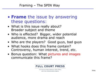 Framing – The SPIN Way Frame  the issue by answering these questions: What is this issue really about?  Broader subject and theme Who is effected?  Bigger, wider potential audience, more drama and reach Who are the players?  Good guys, bad guys What hooks does this frame contain? Controversy, human interest, trend, etc. Bonus question: What  pictures and images  communicate this frame? 