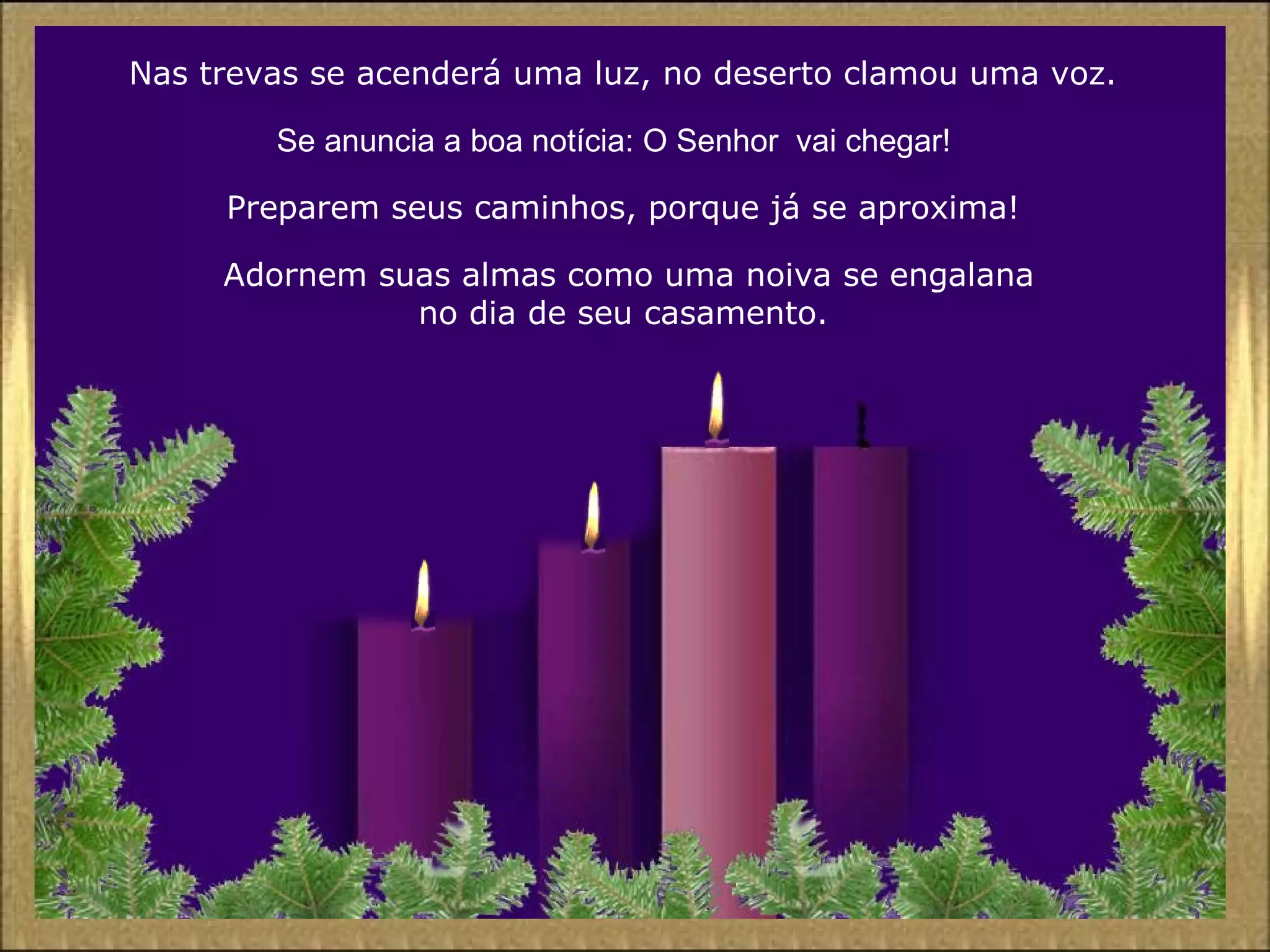 Nas trevas se acenderá uma luz, no deserto clamou uma voz.
Se anuncia a boa notícia: O Senhor vai chegar!
Preparem seus caminhos, porque já se aproxima!
Adornem suas almas como uma noiva se engalana
no dia de seu casamento.
 