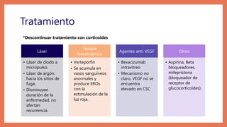 Tratamiento
Láser
• Láser de diodo a
micropulso.
• Láser de argón.
hacia los sitios de
fuga.
• Disminuyen
duración de la
enfermedad, no
afectan
recurrencia.
Terapia
fotodinámica
• Verteporfin
• Se acumula en
vasos sanguíneos
anormales y
produce EROs
con la
estimulación de la
luz roja.
Agentes anti-VEGF
• Bevacizumab
intravítreo
• Mecanismo no
claro, VEGF no se
encuentra
elevado en CSC
Otros
• Aspirina, Beta
bloqueadores,
mifepristona
(bloqueador de
receptor de
glucocorticoides).
*Descontinuar tratamiento con corticoides
 
