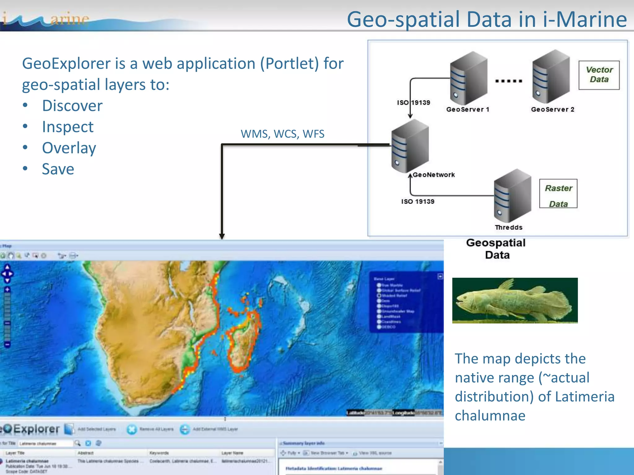 Geo-spatial Data in i-Marine
GeoExplorer is a web application (Portlet) for
geo-spatial layers to:
• Discover
• Inspect
• Overlay
• Save
WMS, WCS, WFS
The map depicts the
native range (~actual
distribution) of Latimeria
chalumnae
 