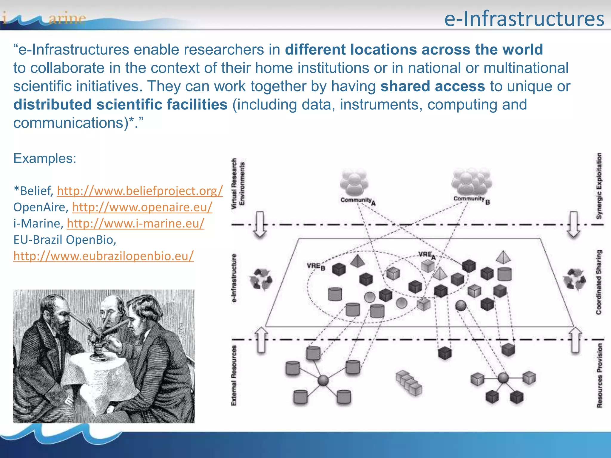 e-Infrastructures
“e-Infrastructures enable researchers in different locations across the world
to collaborate in the context of their home institutions or in national or multinational
scientific initiatives. They can work together by having shared access to unique or
distributed scientific facilities (including data, instruments, computing and
communications)*.”
Examples:
*Belief, http://www.beliefproject.org/
OpenAire, http://www.openaire.eu/
i-Marine, http://www.i-marine.eu/
EU-Brazil OpenBio,
http://www.eubrazilopenbio.eu/
 