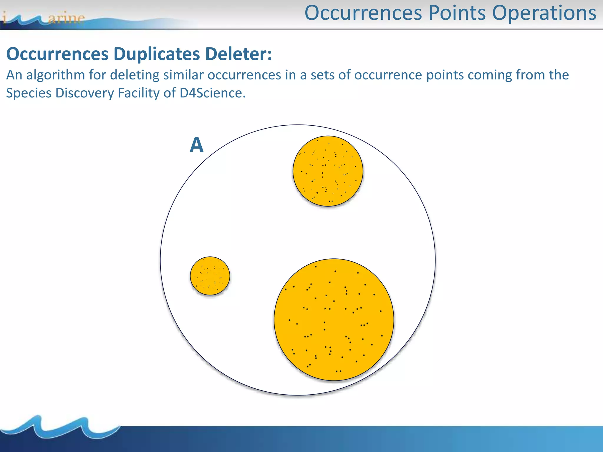 Occurrences Points Operations
Occurrences Duplicates Deleter:
An algorithm for deleting similar occurrences in a sets of occurrence points coming from the
Species Discovery Facility of D4Science.
A
 