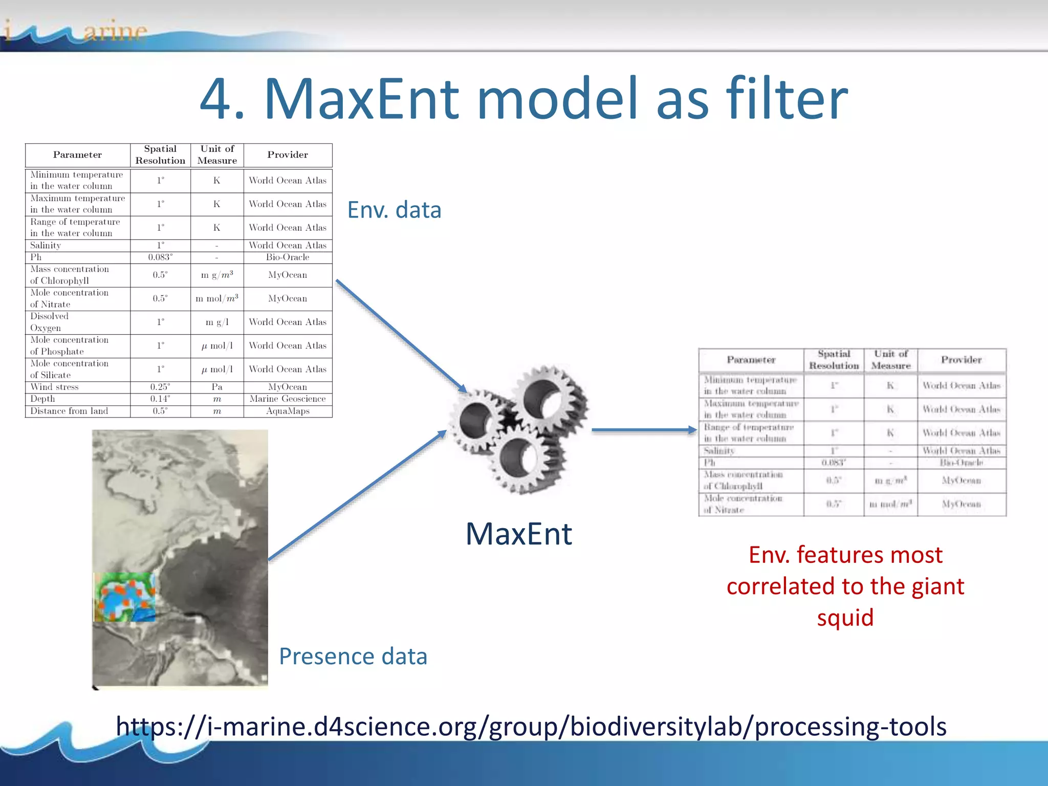 4. MaxEnt model as filter
https://i-marine.d4science.org/group/biodiversitylab/processing-tools
MaxEnt
Env. features most
correlated to the giant
squid
Presence data
Env. data
 