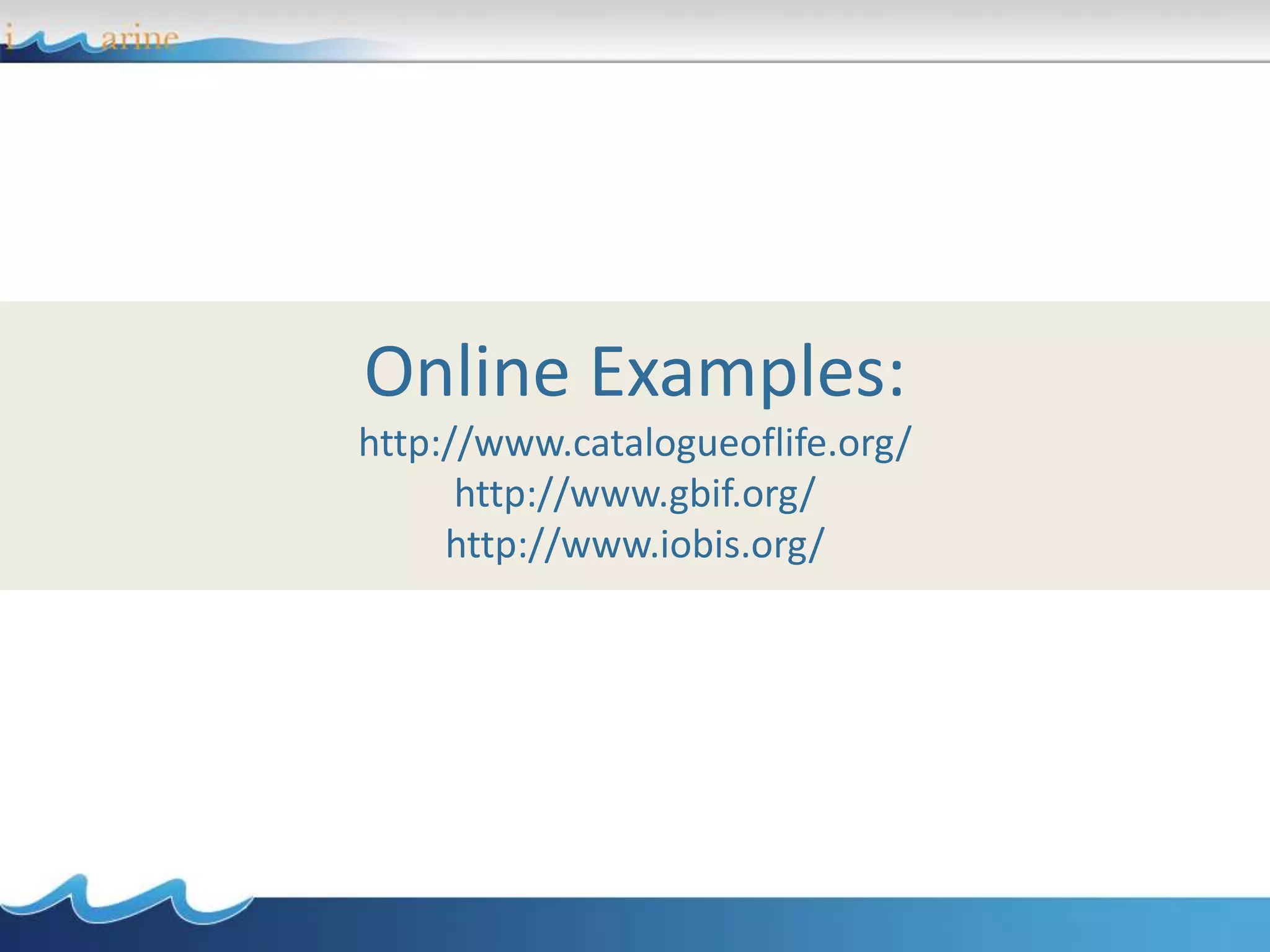 Online Examples:
http://www.catalogueoflife.org/
http://www.gbif.org/
http://www.iobis.org/
 