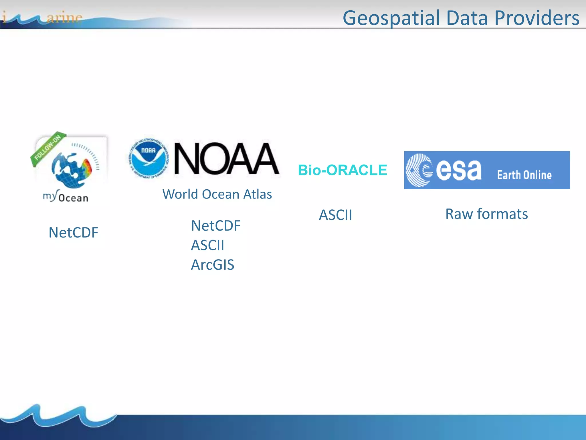 Geospatial Data Providers
Bio-ORACLE
NetCDF NetCDF
ASCII
ArcGIS
ASCII Raw formats
World Ocean Atlas
 