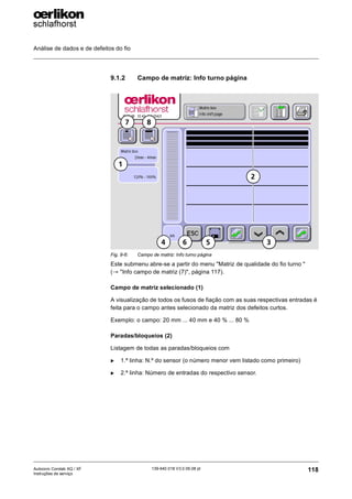 Análise de dados e de defeitos do fio
118
139-640 018 V3.0 09.08 pt
Autocoro Corolab XQ / XF
Instruções de serviço
9.1.2 Campo de matriz: Info turno página
Este submenu abre-se a partir do menu "Matriz de qualidade do fio turno "
(→ "Info campo de matriz (7)", página 117).
Campo de matriz selecionado (1)
A visualização de todos os fusos de fiação com as suas respectivas entradas é
feita para o campo antes selecionado da matriz dos defeitos curtos.
Exemplo: o campo: 20 mm ... 40 mm e 40 % ... 80 %
Paradas/bloqueios (2)
Listagem de todas as paradas/bloqueios com
X 1.ª linha: N.º do sensor (o número menor vem listado como primeiro)
X 2.ª linha: Número de entradas do respectivo sensor.
Fig. 9-6: Campo de matriz: Info turno página
1
2
3
4 5
6
8
7
 