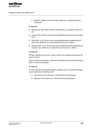 Análise de dados e de defeitos do fio
123
139-640 018 V3.0 09.08 pt
Autocoro Corolab XQ / XF
Instruções de serviço
„ Bloqueio: Defeitos que foram mais longos que o comprimento de au-
to-bloqueio.
4.ª linha (5)
X Bloqueio por valor médio: Número de bloqueios por violações do valor mé-
dio.
X Lock por CV%: Número de bloqueios disparados pelo desvio do valor médio
CV%.
X Moiré Stop / Lock: Número das várias paradas/bloqueios disparados por
moiré com referência ao comprimento de fio de por ex. 3000 m.
X Borbotos Stop / Lock: Número das várias paradas/bloqueios disparados por
borbotos com referência ao comprimento de fio de por ex. 3000 m.
5.ª linha (6)
IPI Nep / bloqueio por nep fino / grosso: Número dos respectivos bloqueios IPI
dentro do turno.
Manual: Número de paradas ou bloqueios disparados (manualmente) pelo ope-
rador na central de operação.
6.ª linha (7)
Enxame: Número de paradas/bloqueios motivados por um enxame de defeitos
cujo comprimento de referência num
„ Stop: foram mais curtos que o comprimento de auto-bloqueio.
„ Bloqueio: mais longos que o comprimento de auto-bloqueio.
 