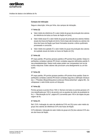 Análise de dados e de defeitos do fio
125
139-640 018 V3.0 09.08 pt
Autocoro Corolab XQ / XF
Instruções de serviço
Campos de indicação
Segue a descrição. linha por linha, dos campos de indicação.
1.ª linha (3)
X Valor médio de referência: É o valor médio do grupo de produção dos valores
de referência de todos os fusos de fiação em [mm].
X Valor médio atual: É o valor médio do grupo de produção dos valores médios
atuais dos fusos de fiação em [mm]. Como base são tomados os valores mé-
dios dos fusos de fiação que foram formados durante o último quilômetro
processado e concluído.
X Valor médio de sujidade: É o valor médio do grupo de produção dos valores
de sujidade atuais de todos os fusos de fiação em [%].
2.ª linha (4)
IPI neps padrão, IPI pontos grossos padrão e IPI pontos finos padrão: Estas im-
perfeições contadas (valores IPI) foram contadas segundo definições padrão fi-
xas preestabelecidas. Deste modo estas podem ser comparadas com as de
outras máquinas. Estes valores não provocam uma desligamento ou um blo-
queio.
3.ª linha (5)
IPI neps padrão, IPI pontos grossos padrão e IPI pontos finos padrão: Esta im-
perfeições contadas (valores IPI) foram contadas segundo a definição introduzi-
da (→ "Paradas (Stops)/bloqueios (Locks) por fibras estranhas", página 90) . Ao
ultrapassar o valor-limite ocorre um bloqueio.
4.ª linha (6)
Pontos grossos e pontos finos /100 m: Número de todos os pontos grossos e fi-
nos classificados por 100 m de acordo com os ajustes da matriz da qualidade do
fio (→ "Monitoração do fio", página 67) convertido para 100 m de trajeto de pas-
sagem do fio.
5.ª linha (7)
Ref. CV%: Indicação do valor de referência CV% em [%] como valor médio do
grupo dos valores de referência CV% dos fusos de fiação.
CV% diâmetro: Indicação do valor médio do grupo em [%] dos valores CV% atu-
ais dos fusos de fiação.
 