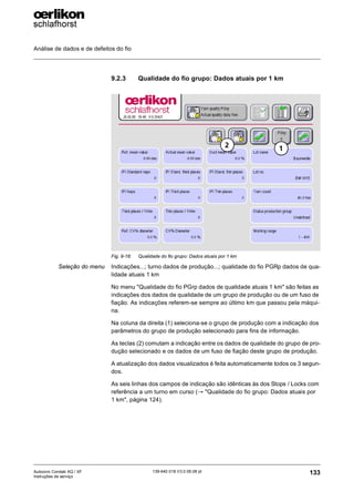 Análise de dados e de defeitos do fio
133
139-640 018 V3.0 09.08 pt
Autocoro Corolab XQ / XF
Instruções de serviço
9.2.3 Qualidade do fio grupo: Dados atuais por 1 km
Seleção do menu Indicações...; turno dados de produção...; qualidade do fio PGRp dados de qua-
lidade atuais 1 km
No menu "Qualidade do fio PGrp dados de qualidade atuais 1 km" são feitas as
indicações dos dados de qualidade de um grupo de produção ou de um fuso de
fiação. As indicações referem-se sempre ao último km que passou pela máqui-
na.
Na coluna da direita (1) seleciona-se o grupo de produção com a indicação dos
parâmetros do grupo de produção selecionado para fins de informação.
As teclas (2) comutam a indicação entre os dados de qualidade do grupo de pro-
dução selecionado e os dados de um fuso de fiação deste grupo de produção.
A atualização dos dados visualizados é feita automaticamente todos os 3 segun-
dos.
As seis linhas dos campos de indicação são idênticas às dos Stops / Locks com
referência a um turno em curso (→ "Qualidade do fio grupo: Dados atuais por
1 km", página 124).
Fig. 9-18: Qualidade do fio grupo: Dados atuais por 1 km
2 1
 
