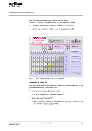 Análise de dados e de defeitos do fio
137
139-640 018 V3.0 09.08 pt
Autocoro Corolab XQ / XF
Instruções de serviço
Se a matriz visualizada for válida para um fuso de fiação
(→ Fig. 9-21, página 136), neste campo são indicados dois valores:
X à esquerda, representado a preto: o valor do fuso selecionado
X à direita, representado a pálido: o valor do grupo de produção.
Info campo de matriz (7)
Nota: A opção de seleção descrita aplica somente se for indicada a matriz de um
grupo de produção (8) e não de um fuso.
) Selecionar uma classe (9) tocando nesta.
ª A tecla "Protocolo" (7) é inserida durante 30 s.
) Confirma a tecla "Protocolo" (7).
ª Abre o submenu "Campo de matriz info turno página" (→ "Campo de ma-
triz: Info turno página", página 138).
Fig. 9-22: Matriz de fibras estranhas turno, grupo de produção
7 8
9
 