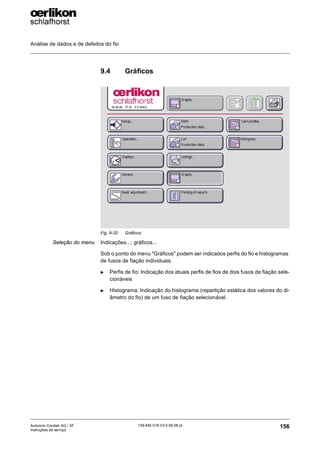 Análise de dados e de defeitos do fio
156
139-640 018 V3.0 09.08 pt
Autocoro Corolab XQ / XF
Instruções de serviço
9.4 Gráficos
Seleção do menu Indicações...; gráficos...
Sob o ponto do menu "Gráficos" podem ser indicados perfis do fio e histogramas
de fusos de fiação individuais.
X Perfis de fio: Indicação dos atuais perfis de fios de dois fusos de fiação sele-
cionáveis
X Histograma: Indicação do histograma (repartição estática dos valores do di-
âmetro do fio) de um fuso de fiação selecionável.
Fig. 9-32: Gráficos
 