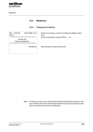 Relatórios
174
139-640 018 V3.0 09.08 pt
Autocoro Corolab XQ / XF
Instruções de serviço
10.3 Relatórios
10.3.1 Cabeçalho do relatório
Nota: Os valores com zero que constam deste relatório não aparecem impressos, para
que o relatório não se torne desnecessariamente longo. Aqui só precisa ser claro
quais os valores que deverão ser registrados.
MA.: 1 VXX.XX 30.07.2008 14:15
PGrp 1
********************************************
Corolab XQ
Oerlikon Schlafhorst
********************************************
Schlafhorst
Número da máquina, número da versão de software; data /
hora
Grupo de produção impresso (PGrp 1 ... 6).
Denominação do cliente (texto livre)
 