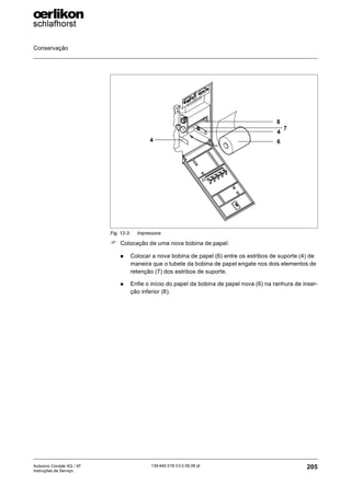 Conservação
205
139-640 018 V3.0 09.08 pt
Autocoro Corolab XQ / XF
Instruções de Serviço
) Colocação de uma nova bobina de papel:
„ Colocar a nova bobina de papel (6) entre os estribos de suporte (4) de
maneira que o tubete da bobina de papel engate nos dois elementos de
retenção (7) dos estribos de suporte.
„ Enfie o início do papel da bobina de papel nova (6) na ranhura de inser-
ção inferior (8).
Fig. 12-3: Impressora
4
4
6
7
8
 