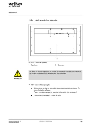 Manutenção
230
139-640 018 V3.0 09.08 pt
Autocoro Corolab XQ / XF
Instruções de Serviço
13.4.4 Abrir a central de operação
) Abrir a central de operação:
„ No dorso da central de operação desenroscar os seis parafusos (1)
como ilustrado na figura.
Para a montagem posterior respeitar o tamanho dos parafusos!
„ Levantar a cobertura (2) e pô-la de lado.
Fig. 13-14: Central de operação
1 Parafusos 2 Cobertura
2
1
1
1
1
1 1
ATENÇÃO
Ao fazer os demais trabalhos na central de operação, manejar corretamente
os componontes sensíveis a descargas eletrostáticas.
 