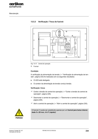 Manutenção
234
139-640 018 V3.0 09.08 pt
Autocoro Corolab XQ / XF
Instruções de Serviço
13.5.3 Verificação / Troca do fusível:
Condição
A verificação da alimentação de tensão (→ "Verificação da alimentação de ten-
são", página 233) foi realizada com os seguintes resultados:
X O LED está desligado.
X O conetor da alimentação de tensão conduz tensão.
Verificação / troca
) Cortar a tensão da central de operação (→ "Cortar a tensão da central de
operação", página 228).
) Desmontar a central de operação (→ "Desmontar a central de operação",
página 229).
) Abrir a central de operação (→ "Abrir a central de operação", página 230).
Fig. 13-17: Central de operação
1 Fusível
1
PERIGO
O fusível (1) pode ser substituído apenas por um fusível para baixa intensi-
dade 5 x 20 mm, 4 A F (rápido)!
 