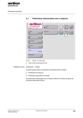 Preparação da partida
62
139-640 018 V3.0 09.08 pt
Autocoro Corolab XQ / XF
Instruções de serviço
5.1 Parâmetros relacionados com a máquina
Seleção do menu Preparação...; Partida
A partida agrupa todos os parâmetros necessários para a partida:
X Parâmetros da máquina
X Parâmetros específicos do cliente:
Os parâmetros relacionados com a máquina referem-se sempre ao grupo de
produção selecionado (PGrp).
Fig. 5-2: Partida – com Informator
1 Tecla: Grupo de produção (PGrp)
*
*
*
* 1
 