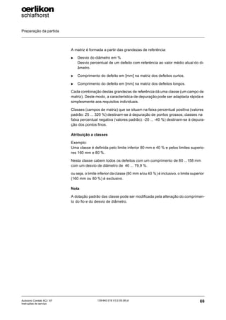 Preparação da partida
69
139-640 018 V3.0 09.08 pt
Autocoro Corolab XQ / XF
Instruções de serviço
A matriz é formada a partir das grandezas de referência:
X Desvio do diâmetro em %
Desvio percentual de um defeito com referência ao valor médio atual do di-
âmetro.
X Comprimento do defeito em [mm] na matriz dos defeitos curtos.
X Comprimento do defeito em [mm] na matriz dos defeitos longos.
Cada combinação destas grandezas de referência dá uma classe (um campo de
matriz). Deste modo, a característica de depuração pode ser adaptada rápida e
simplesmente aos requisitos individuais.
Classes (campos de matriz) que se situam na faixa percentual positiva (valores
padrão: 25 ... 320 %) destinam-se à depuração de pontos grossos; classes na
faixa percentual negativa (valores padrão): -20 ... -40 %) destinam-se à depura-
ção dos pontos finos.
Atribuição a classes
Exemplo:
Uma classe é definida pelo limite inferior 80 mm e 40 % e pelos limites superio-
res 160 mm e 80 %.
Nesta classe cabem todos os defeitos com um comprimento de 80 ...158 mm
com um desvio de diâmetro de 40 ... 79,9 %.
ou seja, o limite inferior da classe (80 mm e/ou 40 %) é inclusivo, o limite superior
(160 mm ou 80 %) é exclusivo.
Nota
A dotação padrão das classe pode ser modificada pela alteração do comprimen-
to do fio e do desvio de diâmetro.
 