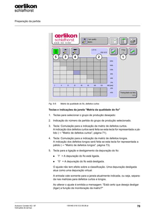 Preparação da partida
70
139-640 018 V3.0 09.08 pt
Autocoro Corolab XQ / XF
Instruções de serviço
Teclas e indicações da janela "Matriz da qualidade do fio"
1. Teclas para selecionar o grupo de produção desejado:
2. Indicação do número da partida do grupo de produção selecionado.
3. Tecla: Comutação para a indicação da matriz de defeitos curtos.
A indicação dos defeitos curtos será feita se esta tecla for representada a pá-
lido (→ "Matriz de defeitos curtos", página 71).
4. Tecla: Comutação para a indicação da matriz de defeitos longos.
A indicação dos defeitos longos será feita se esta tecla for representada a
pálido (→ "Matriz de defeitos longos", página 73).
5. Tecla para a ligação e desligamento da depuração do fio:
„ ”I“ = A depuração do fio está ligada.
„ ”0“ = A depuração do fio está desligada.
O ajuste não tem efeito sobre a classificação. Uma depuração desligada
atua como uma depuração virtual.
A entrada vale somente para a janela atualmente indicada, ou seja, separa-
da nas matrizes para defeitos curtos e longos.
Ao alterar o ajuste é emitida a mensagem: "Está certo que deseja desligar
(ligar) a função de monitoração da matriz?"
Fig. 5-6: Matriz da qualidade do fio, defeitos curtos
1
2
3
5 4
 