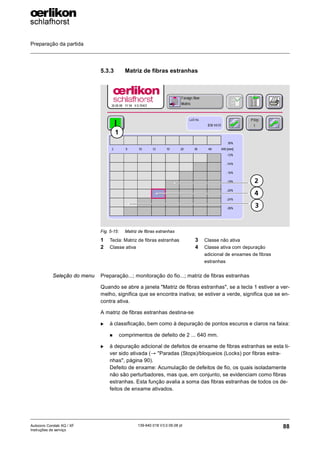 Preparação da partida
88
139-640 018 V3.0 09.08 pt
Autocoro Corolab XQ / XF
Instruções de serviço
5.3.3 Matriz de fibras estranhas
Seleção do menu Preparação...; monitoração do fio...; matriz de fibras estranhas
Quando se abre a janela "Matriz de fibras estranhas", se a tecla 1 estiver a ver-
melho, significa que se encontra inativa; se estiver a verde, significa que se en-
contra ativa.
A matriz de fibras estranhas destina-se
X à classificação, bem como à depuração de pontos escuros e claros na faixa:
„ comprimentos de defeito de 2 ... 640 mm.
X à depuração adicional de defeitos de enxame de fibras estranhas se esta ti-
ver sido ativada (→ "Paradas (Stops)/bloqueios (Locks) por fibras estra-
nhas", página 90).
Defeito de enxame: Acumulação de defeitos de fio, os quais isoladamente
não são perturbadores, mas que, em conjunto, se evidenciam como fibras
estranhas. Esta função avalia a soma das fibras estranhas de todos os de-
feitos de enxame ativados.
Fig. 5-15: Matriz de fibras estranhas
1 Tecla: Matriz de fibras estranhas
2 Classe ativa
3 Classe não ativa
4 Classe ativa com depuração
adicional de enxames de fibras
estranhas
1
2
4
3
 