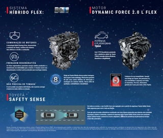 Em todas as versões, o seu Corolla Cross vem equipado com o pacote de segurança Toyota Safety Sense.
Mais segurança para você e toda sua família.
Com um radar de ondas milimétricas combinado com uma câmera monocular para detectar uma variedade
de perigos e alertar o motorista, o pacote de segurança ativa Toyota Safety Sense conta com assistente
de pré-colisão frontal, controle de cruzeiro adaptativo, sistema de assistência de permanência de faixa
e farol alto automático.
C O M B I N AÇ ÃO D E M OTO R E S
A tecnologia Hibrid Synergy Drive, desenvolvida
e exclusiva da Toyota, combina três motores:
dois elétricos e um flex a combustão.
F R E N AG E M R E G E N E R AT I VA
Os freios regenerativos acumulam energia cinética produzida e a
transformam em eletricidade para a bateria. O mesmo ocorre nas
desacelerações:ésótiraropédoaceleradorpararecarregarabateria.
N ÃO P R E C I S A D E TO M A DA
O carro produz sua própria eletricidade, não é preciso carregar
a bateria do motor elétrico na tomada.
Cuidamos da sua tranquilidade. Quando
você dirige um Toyota, nós pensamos na
sua comodidade e segurança em todos
os momentos. Por isso, oferecemos
garantia de 5 anos para toda a linha Toyota.
M OTO R
DY N A M I C F O R C E 2.0 L F L E X
TOYOTA
S A F E T Y S E N S E
DirigirumToyotaHíbridooferecemuitasvantagens
nãosóparaomeioambiente.Oferecemosgarantia
de oito anos contra defeitos de fabricação e
montagem do sistema híbrido. Nosso DNA de
qualidade, confiabilidade e durabilidade.
Com177CVdepotênciaeproduzido
sob a plataforma global da Toyota
(TNGA),trazendomáximaeficiência,
dinamismoedirigibilidade.
POTÊNCIA
EPLATAFORMA
TNGA
S I S T E M A
H Í B R I D O F L E X:
Novos sistemas de segurança ativos, como o Toyota Safety Sense (TSS), são projetados para auxiliar o motorista; eles não são projetados para substituí-lo, tampouco para substituir os demais itens de segurança, tais como cinto de
segurança e airbags. Em todos os momentos, o motorista deve permanecer no controle integral de seu veículo. O funcionamento do Toyota Safety Sense pode ser afetado, diminuído ou prejudicado devido a fatores externos e a Toyota
não é responsável por quaisquer consequências derivadas do uso do sistema.
 
