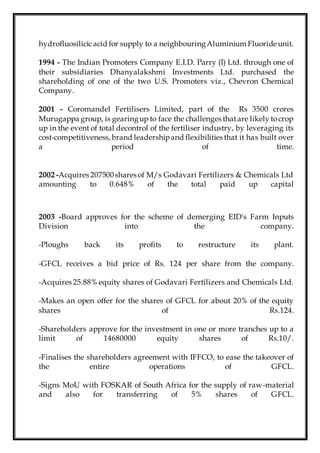 hydrofluosilicicacid for supply to a neighbouringAluminium Fluoride unit.
1994 - The Indian Promoters Company E.I.D. Parry (I) Ltd. through one of
their subsidiaries Dhanyalakshmi Investments Ltd. purchased the
shareholding of one of the two U.S. Promoters viz., Chevron Chemical
Company.
2001 - Coromandel Fertilisers Limited, part of the Rs 3500 crores
Murugappa group, is gearingup to face the challenges thatare likely tocrop
up in the event of total decontrol of the fertiliser industry, by leveraging its
cost-competitiveness, brand leadershipand flexibilities that it has built over
a period of time.
2002 -Acquires 207500shares of M/s Godavari Fertilizers & Chemicals Ltd
amounting to 0.648% of the total paid up capital
2003 -Board approves for the scheme of demerging EID's Farm Inputs
Division into the company.
-Ploughs back its profits to restructure its plant.
-GFCL receives a bid price of Rs. 124 per share from the company.
-Acquires 25.88% equity shares of Godavari Fertilizers and Chemicals Ltd.
-Makes an open offer for the shares of GFCL for about 20% of the equity
shares of Rs.124.
-Shareholders approve for the investment in one or more tranches up to a
limit of 14680000 equity shares of Rs.10/.
-Finalises the shareholders agreement with IFFCO, to ease the takeover of
the entire operations of GFCL.
-Signs MoU with FOSKAR of South Africa for the supply of raw-material
and also for transferring of 5% shares of GFCL.
 