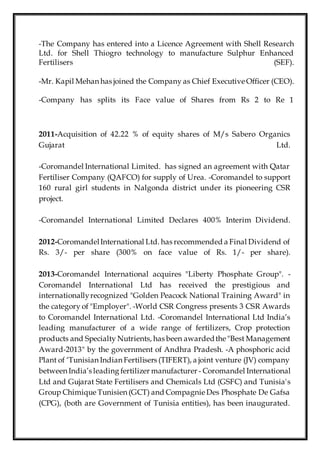 -The Company has entered into a Licence Agreement with Shell Research
Ltd. for Shell Thiogro technology to manufacture Sulphur Enhanced
Fertilisers (SEF).
-Mr. Kapil Mehan has joined the Company as Chief Executive Officer (CEO).
-Company has splits its Face value of Shares from Rs 2 to Re 1
2011-Acquisition of 42.22 % of equity shares of M/s Sabero Organics
Gujarat Ltd.
-Coromandel International Limited. has signed an agreement with Qatar
Fertiliser Company (QAFCO) for supply of Urea. -Coromandel to support
160 rural girl students in Nalgonda district under its pioneering CSR
project.
-Coromandel International Limited Declares 400% Interim Dividend.
2012-CoromandelInternational Ltd. has recommended a Final Dividend of
Rs. 3/- per share (300% on face value of Rs. 1/- per share).
2013-Coromandel International acquires "Liberty Phosphate Group". -
Coromandel International Ltd has received the prestigious and
internationallyrecognized "Golden Peacock National Training Award" in
the category of "Employer". -World CSR Congress presents 3 CSR Awards
to Coromandel International Ltd. -Coromandel International Ltd India’s
leading manufacturer of a wide range of fertilizers, Crop protection
products and Specialty Nutrients, has been awardedthe "Best Management
Award-2013" by the government of Andhra Pradesh. -A phosphoric acid
Plant of ‘Tunisian Indian Fertilisers (TIFERT), a joint venture (JV) company
between India’s leading fertilizer manufacturer - Coromandel International
Ltd and Gujarat State Fertilisers and Chemicals Ltd (GSFC) and Tunisia's
Group Chimique Tunisien (GCT) and Compagnie Des Phosphate De Gafsa
(CPG), (both are Government of Tunisia entities), has been inaugurated.
 