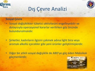 SWOT AnaliziGüçlü Yanlar:'fun in the sun' ile güçlü marka imajıDistribütörlerle iyi ilişki yönetimiYüksek ürün elverişliliği ve güçlü dağıtım ağıCarlosFernandez'in sağlam liderliğiÜretici ve distribütörler arasında maliyetin paylaşımının, oluşacak harcamaları azaltmasıZayıf YanlarMeksika'daki zirvedeki diğer 6 bira markasının en yakın rakibi FEMSA'ya ait olmasıAmerika'da ortak markaların azlığı 