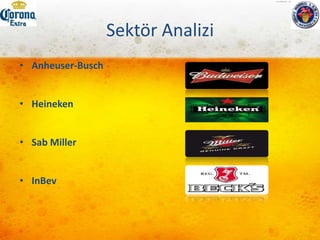 Dış Çevre AnaliziSosyal ÇevreSosyal değişiklikler tüketici aktivitesini engelleyebilir ve dolayısıyla operasyonel kararlar verilirken göz önünde bulundurulmalıdır.Şirketler, kadınların ilgisini çekmek adına light bira veya aromalı alkollü içecekler gibi yeni ürünler geliştirmişlerdir.Diğer bir etkili sosyal değişiklik de ABD'ye göç eden Meksikalı göçmenlerdir.