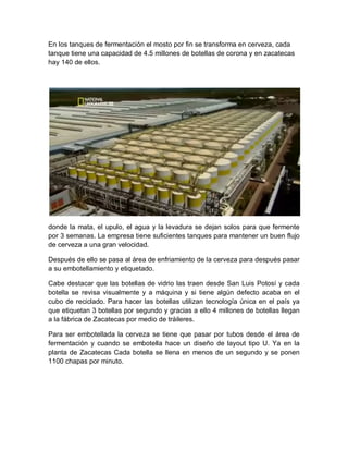En los tanques de fermentación el mosto por fin se transforma en cerveza, cada 
tanque tiene una capacidad de 4.5 millones de botellas de corona y en zacatecas 
hay 140 de ellos. 
donde la mata, el upulo, el agua y la levadura se dejan solos para que fermente 
por 3 semanas. La empresa tiene suficientes tanques para mantener un buen flujo 
de cerveza a una gran velocidad. 
Después de ello se pasa al área de enfriamiento de la cerveza para después pasar 
a su embotellamiento y etiquetado. 
Cabe destacar que las botellas de vidrio las traen desde San Luis Potosí y cada 
botella se revisa visualmente y a máquina y si tiene algún defecto acaba en el 
cubo de reciclado. Para hacer las botellas utilizan tecnología única en el país ya 
que etiquetan 3 botellas por segundo y gracias a ello 4 millones de botellas llegan 
a la fábrica de Zacatecas por medio de tráileres. 
Para ser embotellada la cerveza se tiene que pasar por tubos desde el área de 
fermentación y cuando se embotella hace un diseño de layout tipo U. Ya en la 
planta de Zacatecas Cada botella se llena en menos de un segundo y se ponen 
1100 chapas por minuto. 
 