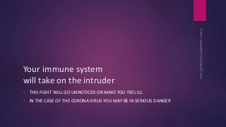 Your immune system
will take on the intruder
• THIS FIGHT WILL GO UNNOTICED OR MAKE YOU FEEL ILL
• IN THE CASE OF THE CORO...