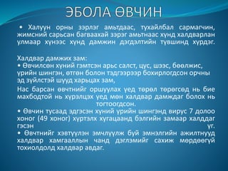 • Халуун орны зэрлэг амьтдаас, тухайлбал сармагчин,
жимсний сарьсан багваахай зэрэг амьтнаас хүнд халдварлан
улмаар хүнээс хүнд дамжин дэгдэлтийн түвшинд хүрдэг.
Халдвар дамжих зам:
• Өвчилсөн хүний гэмтсэн арьс салст, цус, шээс, бөөлжис,
үрийн шингэн, өтгөн болон тэдгээрээр бохирлогдсон орчны
эд зүйлстэй шууд харьцах зам,
Нас барсан өвчтнийг оршуулах үед төрөл төрөгсөд нь бие
махбодтой нь хүрэлцэх үед мөн халдвар дамждаг болох нь
тогтоогдсон.
• Өвчин тусаад эдгэсэн хүний үрийн шингэнд вирус 7 долоо
хоног (49 хоног) хүртэлх хугацаанд бэлгийн замаар халддаг
гэсэн үг.
• Өвчтнийг хэвтүүлэн эмчлүүлж буй эмнэлгийн ажилтнууд
халдвар хамгааллын чанд дэглэмийг сахиж мөрдөөгүй
тохиолдолд халдвар авдаг.
 
